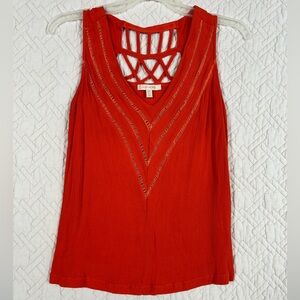Vibrant Orange V-Neck Sleeveless Blouse with Lattice Back